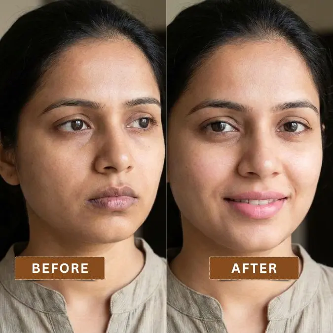 Before and after lip blush treatment in Kolkata showing enhanced natural pink lips and improved lip tone