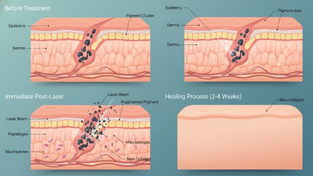 Medical illustration showing skin healing stages after birthmark removal treatment.