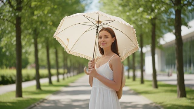 Woman using an umbrella outdoors to protect healing skin after birthmark removal.