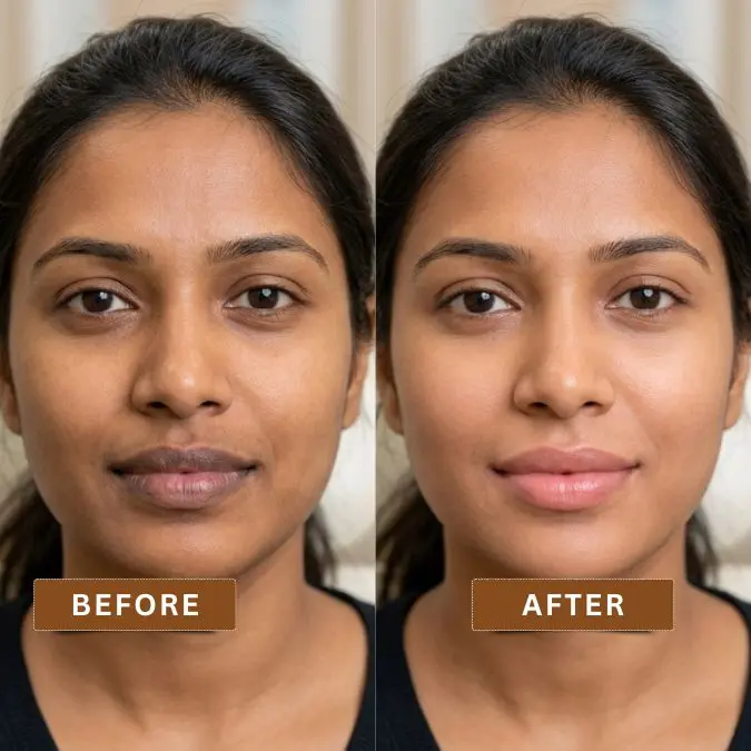 Before and after permanent lip lightening treatment in Kolkata showing natural even toned lips
