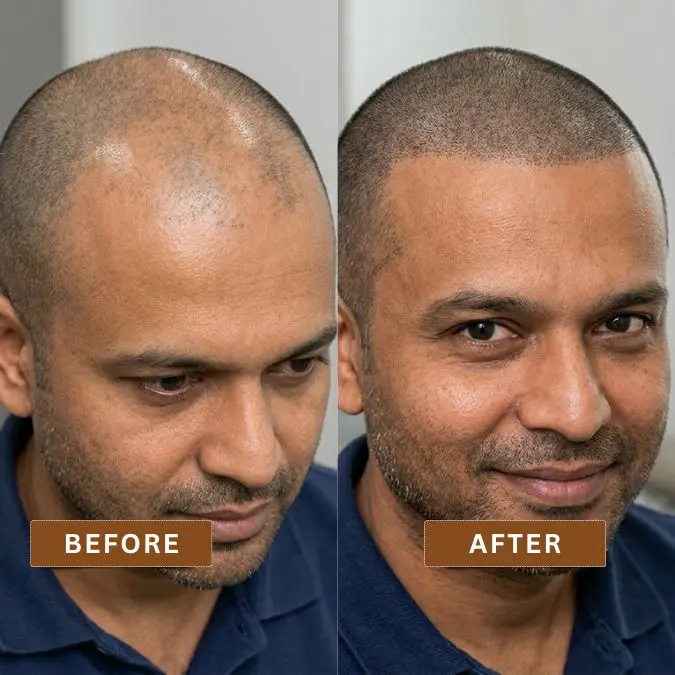 Before and after scalp micropigmentation treatment in Kolkata showing improved hairline density and scalp coverage