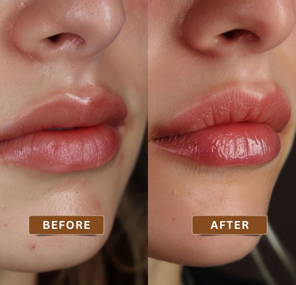 Before and after results of permanent lip lightening treatment in Kolkata showing effective reduction of lip pigmentation.